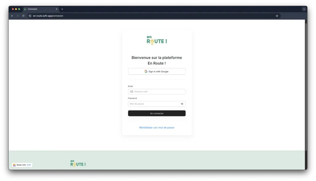 Écran de connexion du portail En Route O2R