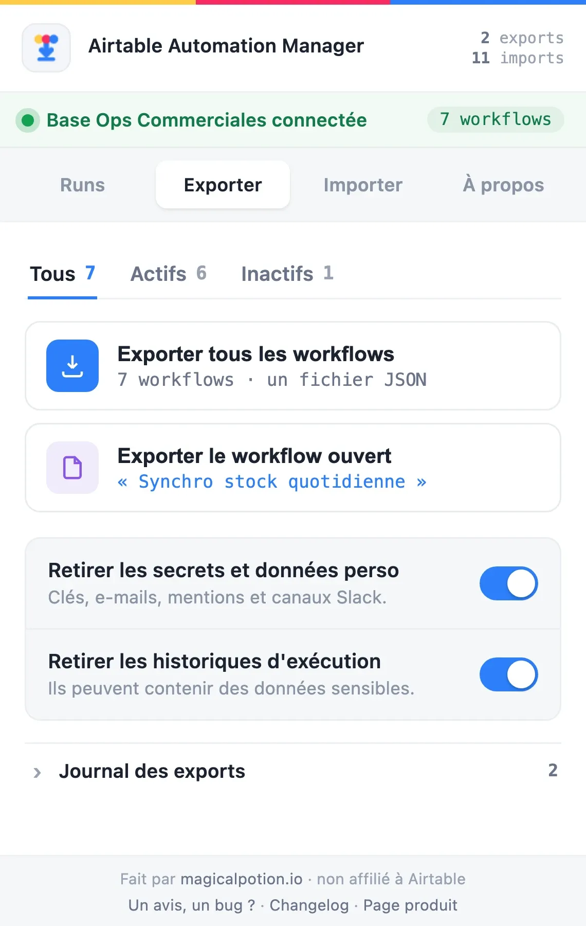 Onglet Exporter d’Airtable Automation Manager avec les deux interrupteurs de nettoyage