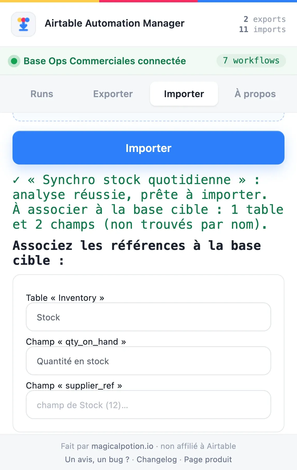 Import dans une autre base : sélecteurs de remap des tables et champs non retrouvés