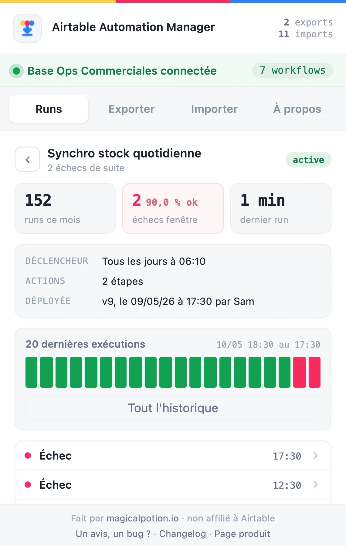 Fiche d’une automatisation Airtable avec ses compteurs, son déclencheur et ses vingt dernières exécutions
