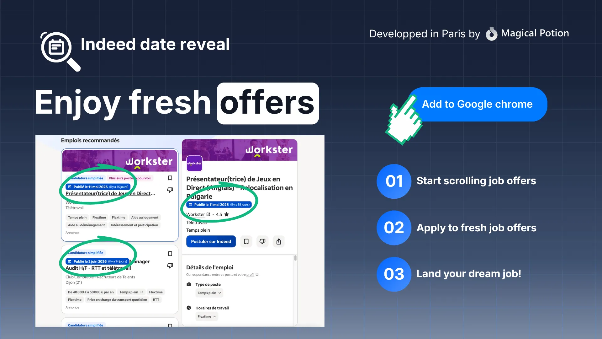 Pastille « Publié le… » affichée par Indeed Date Reveal sur une fiche offre Indeed